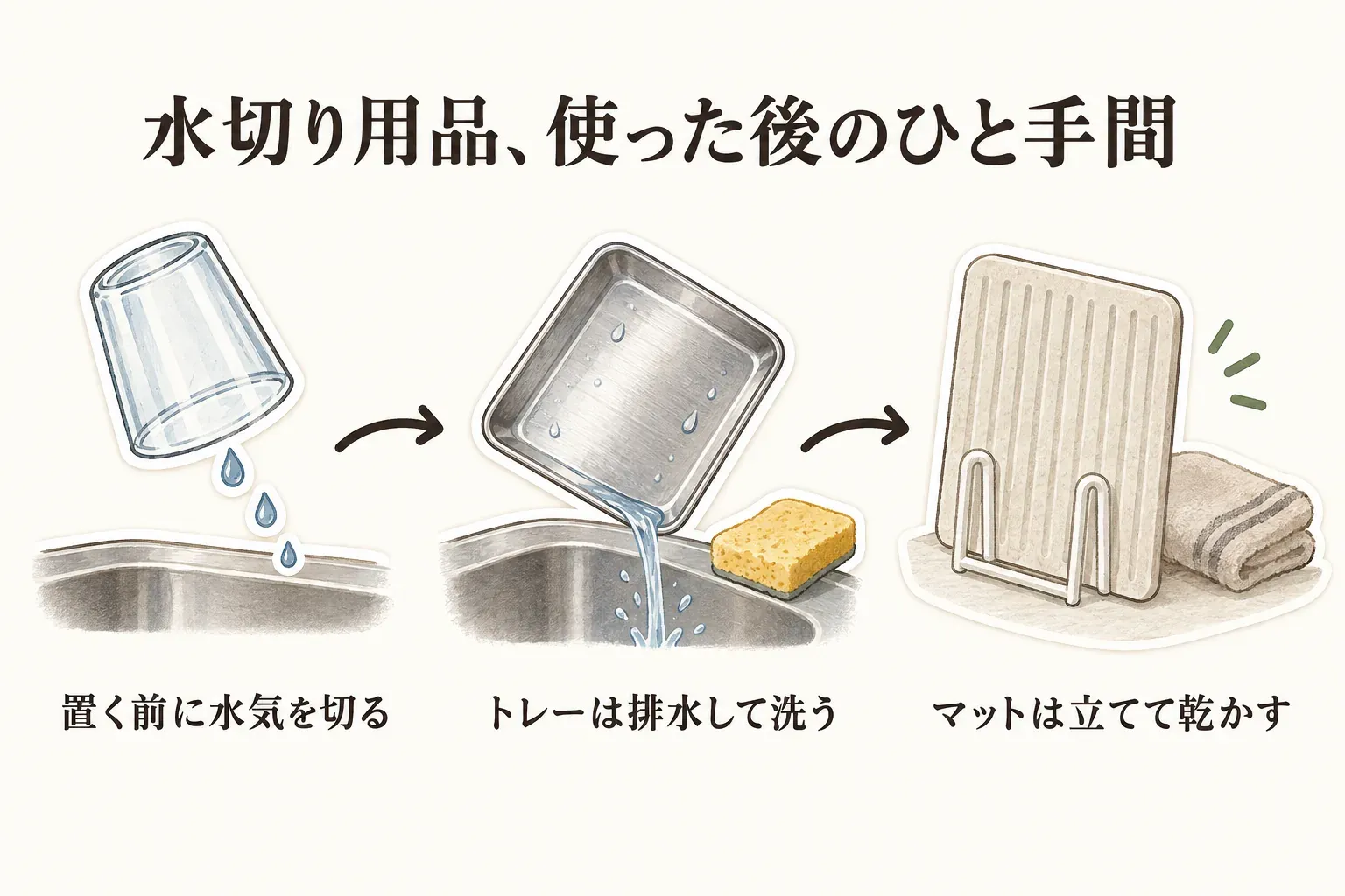 水切り用品を使った後の手入れを示す図。グラスは置く前に水気を切り、ラックのトレーはシンクへ排水してスポンジで洗い、水切りマットはスタンドに立てかけて乾かし、布で拭く流れを示している。