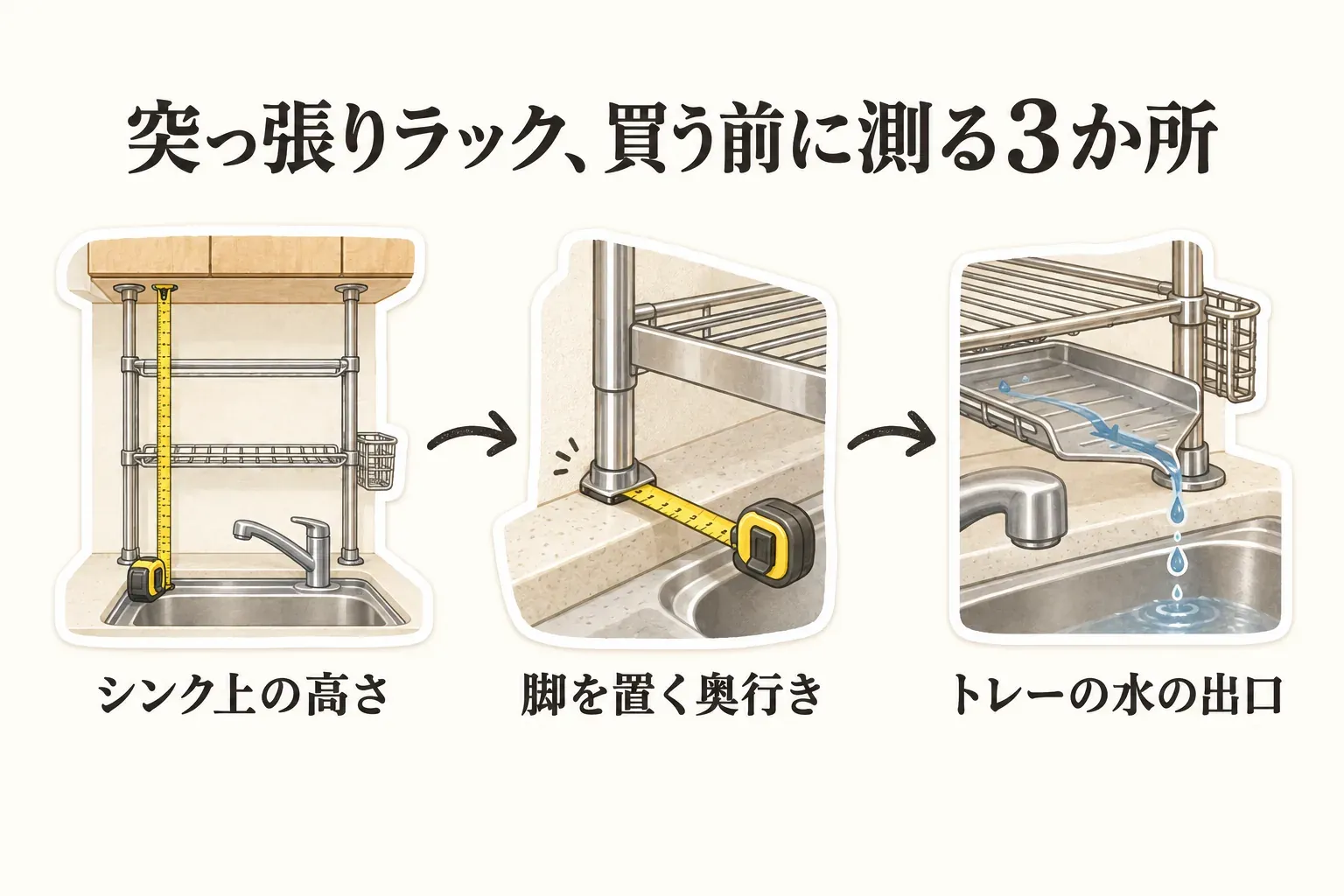 突っ張り水切りラックを購入前に測る3か所を示す図。シンク上の設置高さ、脚を置くシンク奥の奥行き、排水トレーの水の出口がシンク内へ届く位置をメジャーと矢印で説明している。