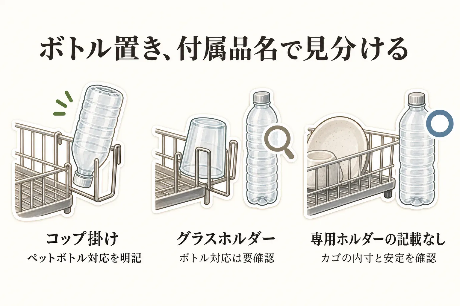 水切りラックのボトル置きを付属品名で見分ける図。ペットボトル対応を明記したコップ掛けはボトルを逆さに掛けられ、グラスホルダーはボトル対応の確認が必要で、専用ホルダーの記載がない場合はカゴの内寸と安定を確認することを示している。