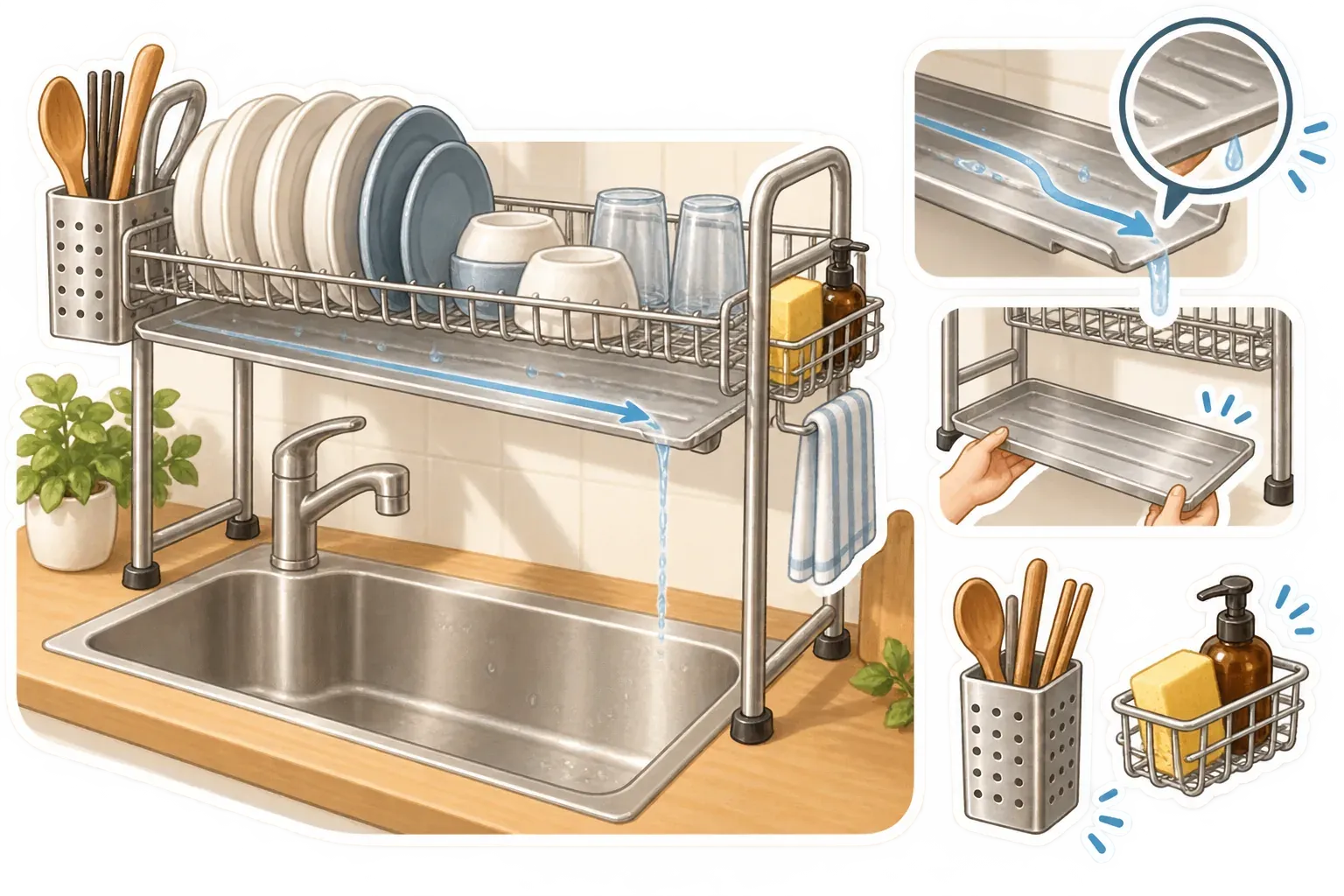 水切りトレーの手入れで見る3点を示す図。排水口がシンクへ届くか、トレーを外して洗えるか、突っ張りポールのネジを設置後に点検できるかを、水が流れるトレー、取り外したトレーとスポンジ、点検するネジのイラストで説明している。