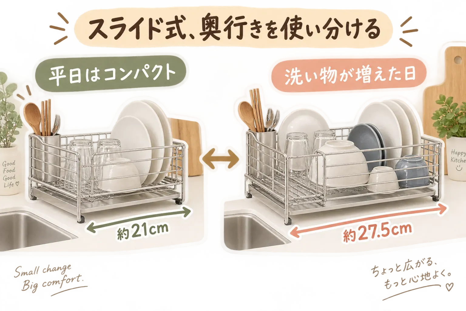スライド式水切りラックを平日はコンパクトに、洗い物が増えた日は広げて使う様子。縮めた状態の奥行きは約21cmで皿とグラスを置き、広げた状態の奥行きは約27.5cmでボウルや鍋も置いている。