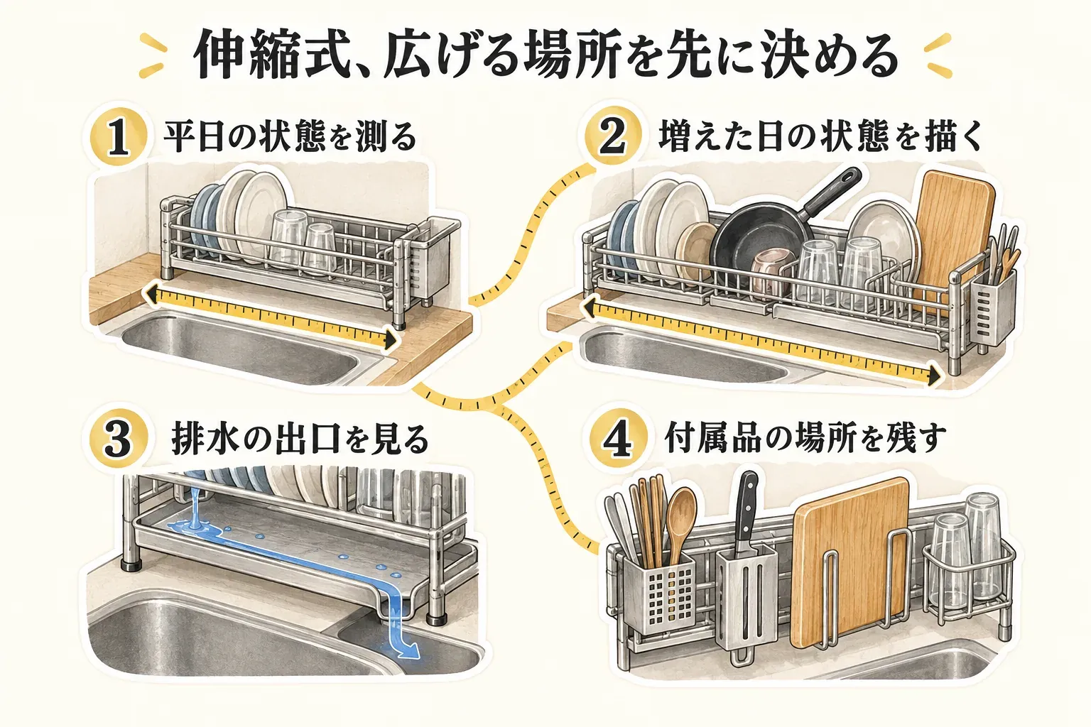 伸縮式水切りラックを広げる場所を決めるための4項目を示す図。平日の設置幅を測る、洗い物が増えた日の必要な幅を確認する、排水トレーの出口がシンクへ向くかを見る、箸立て・包丁差し・まな板・グラスホルダーのための場所を残す。