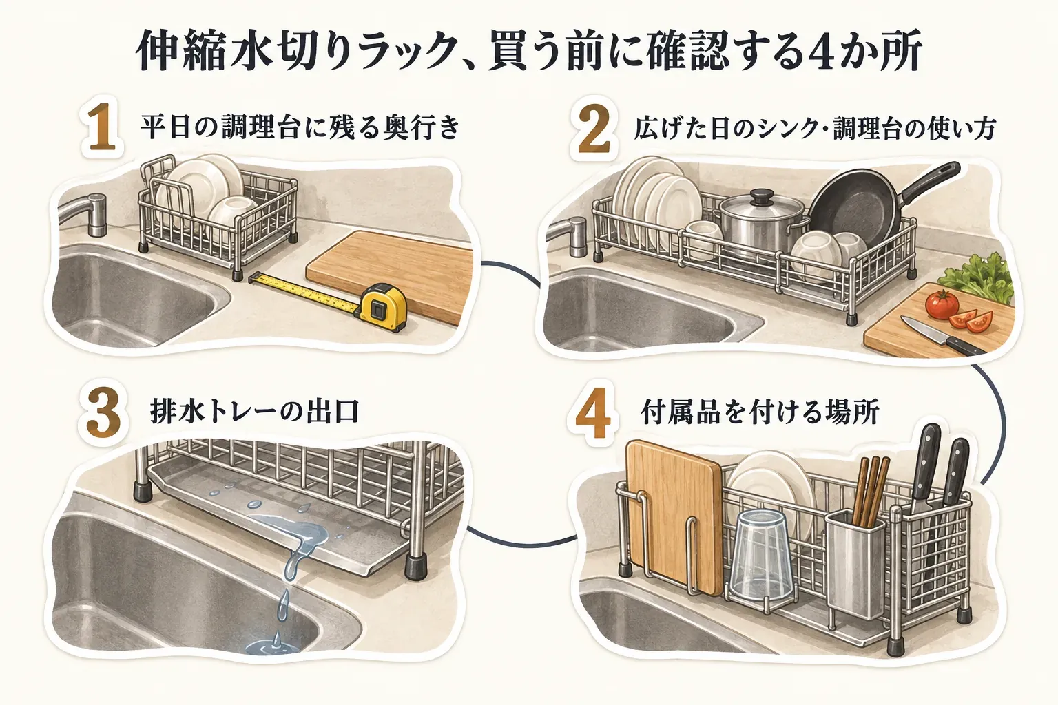 伸縮水切りラックの購入前に確認する4か所を示す図。平日の調理台に残る奥行き、広げた日のシンクと調理台の使い方、排水トレーの出口、まな板・グラス・箸立て・包丁差しなど付属品を付ける場所を確認する。