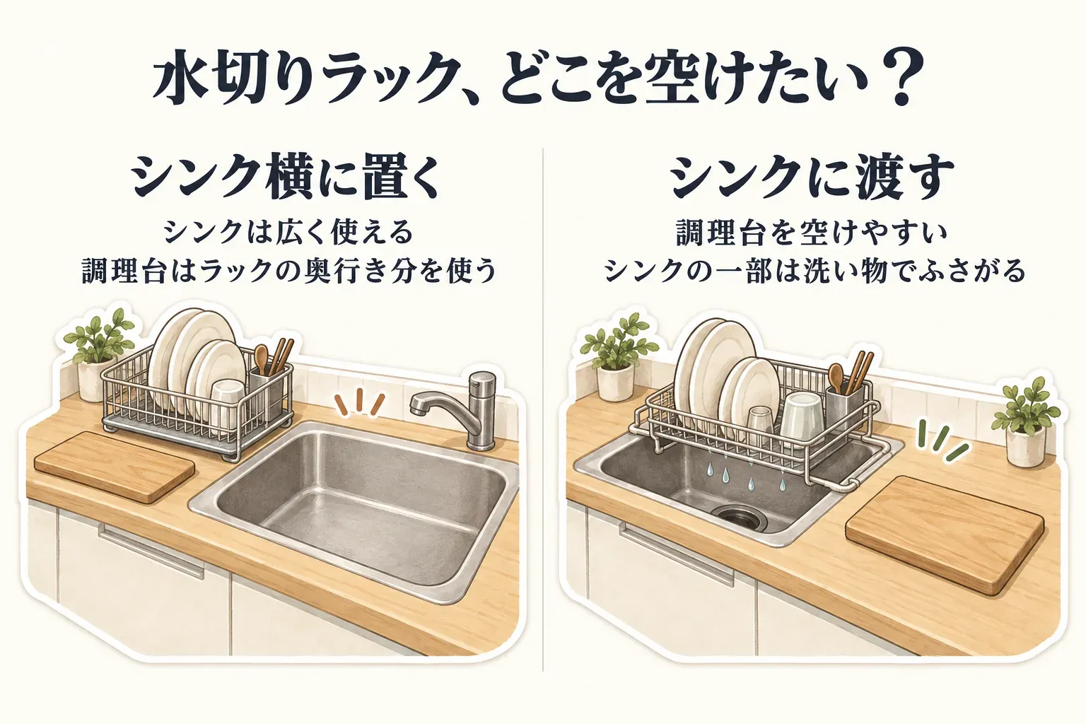 狭いキッチンで水切りラックをシンク横に置く場合とシンクに渡す場合の比較。シンク横置きはシンクを広く使える一方で調理台をラックの奥行き分使い、シンク渡しは調理台を空けやすい一方でシンクの一部が洗い物でふさがる様子。