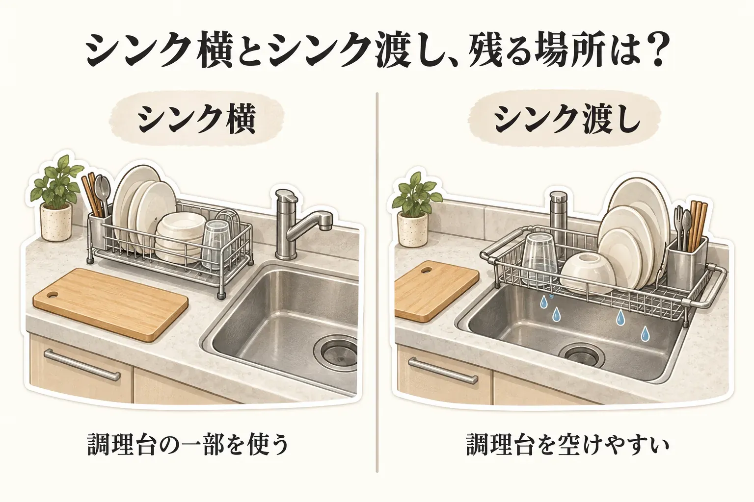 同じ狭いキッチンで、シンク横の水切りラックが調理台の一部を使う配置と、シンクに渡した水切りラックで調理台を空けやすい配置を並べた図。まな板を置ける作業スペースの違いを示す。
