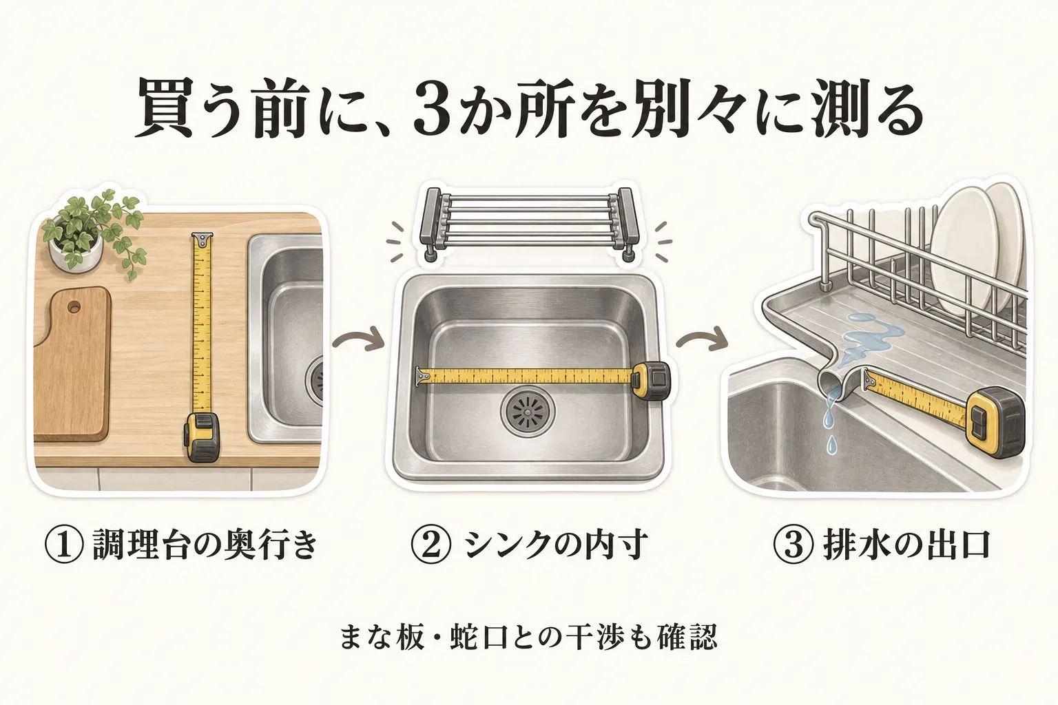 水切りラックを買う前に、調理台の奥行き、シンクの内寸、排水トレーの出口を別々に測る手順を示した図。まな板や蛇口との干渉も確認することを案内している。