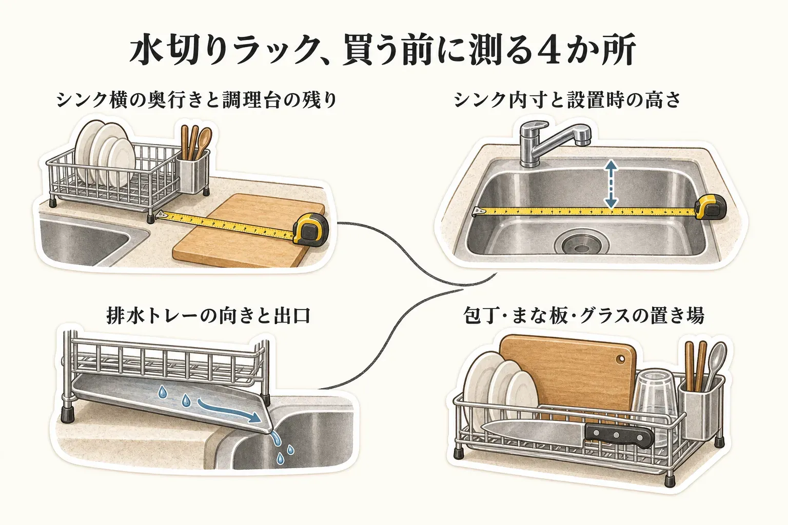 水切りラックの購入前に確認する4か所の図。シンク横の奥行きと調理台の残り、シンク内寸と設置時の高さ、排水トレーの向きと出口、包丁・まな板・グラスの置き場を順に示す。