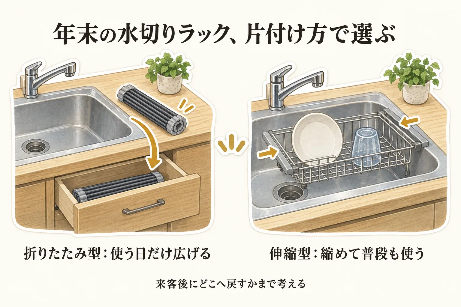 年末の水切りラックを片付け方で選ぶ図。左は折りたたみ型を使う日だけシンク上に広げ、来客後は巻いて引き出しへしまう様子。右は伸縮型を縮めて普段もシンク上で使い、皿とグラスを置く様子を示している。